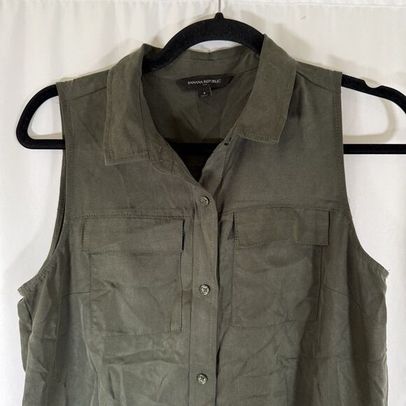 Banana Republic Romper Women's 4 Green Button Up Sleeveless Collared Pockets Tie - Picture 6 of 10
